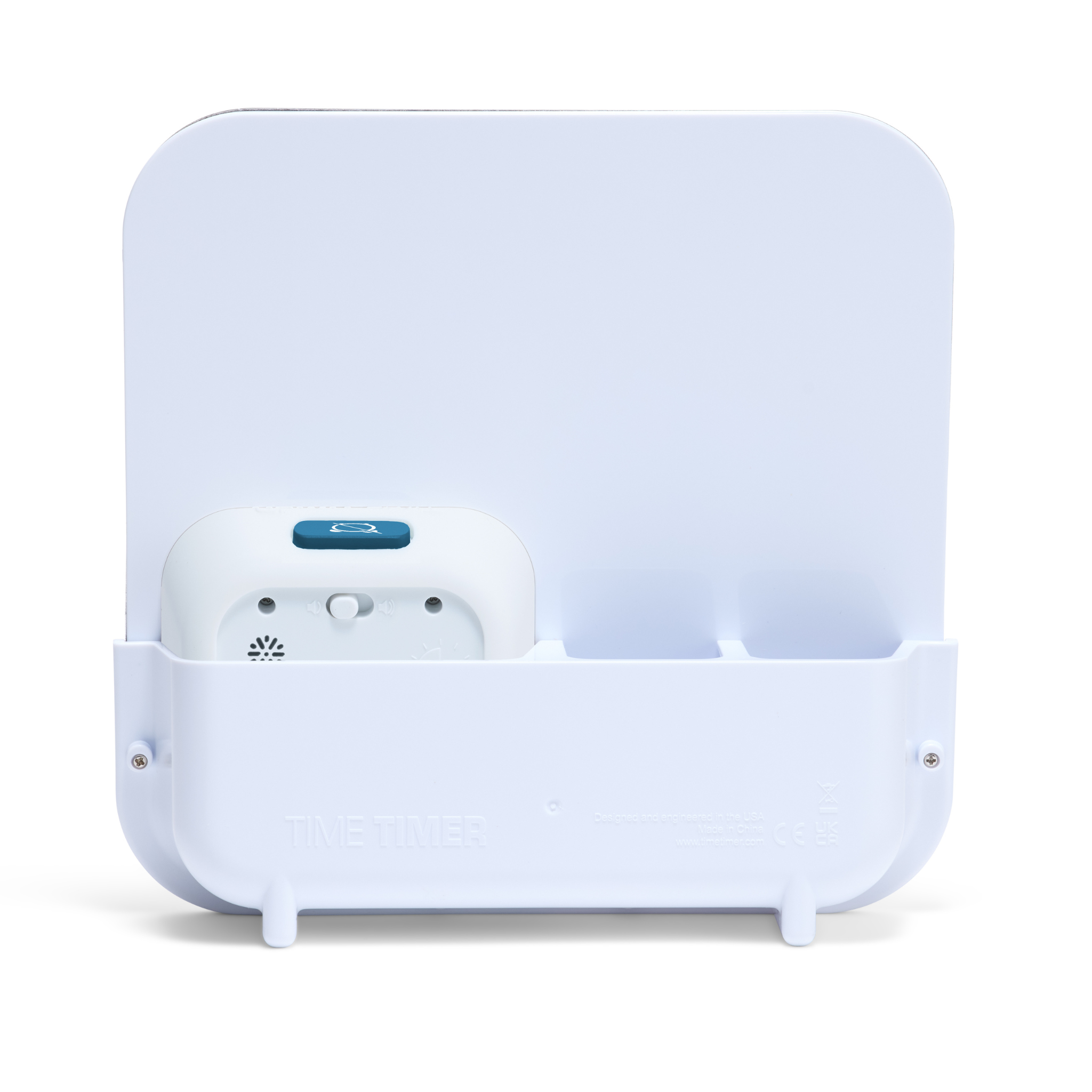 A Time Timer PRO 60-min by Time Timer with a blue visual timer sits in a white plastic organizer with three compartments and an attached dry erase board, displayed against a plain white background.