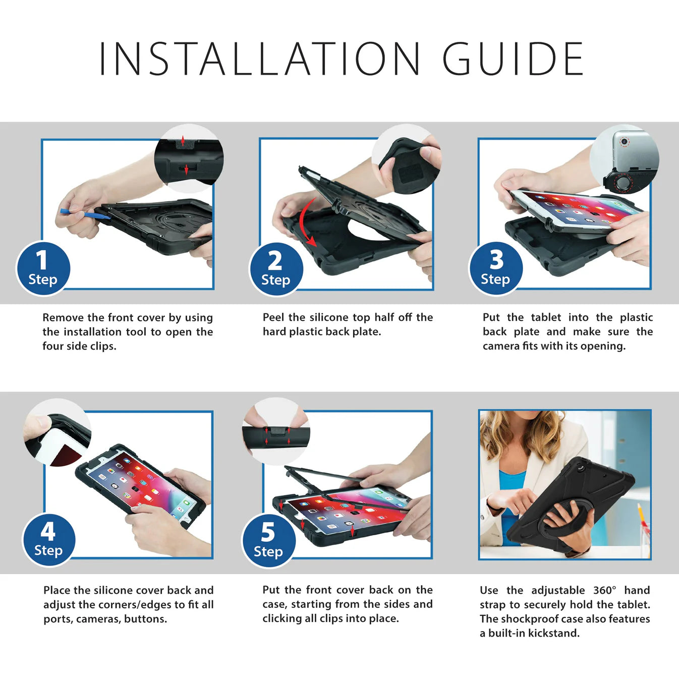 Step-by-step guide for the Strike Rugged Case with Hand Strap and Lanyard (for Samsung Galaxy Tab A9+/A11+): remove cover, peel silicone, insert tablet, replace silicone, snap on cover, and use the 360° hand strap with kickstand.