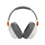 A pair of over-ear headphones with white ear cups, gray cushioning, an orange accent, and a gray padded headband, displayed on a plain white background.