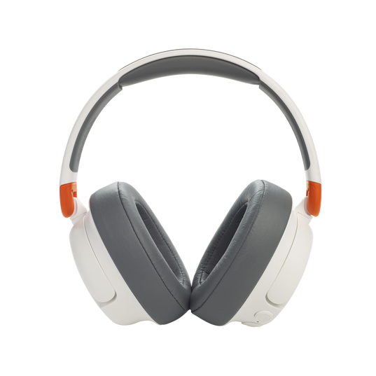 A pair of over-ear headphones with white ear cups, gray cushioning, an orange accent, and a gray padded headband, displayed on a plain white background.