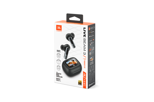 A box of JBL Live Beam 3 Headphones with Noise Cancellation (In-Ear) [Black], featuring JBL branding, product images, Hi-Res Audio icons, and the earbuds with charging case displayed on the front of the packaging.