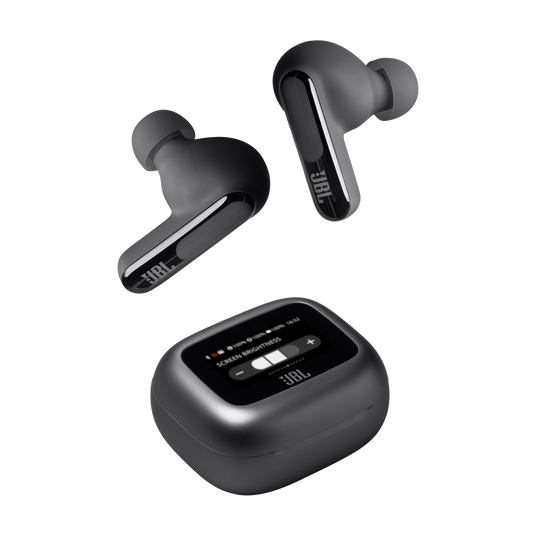A pair of black JBL Live Beam 3 Headphones with Noise Cancellation (In-Ear) by JBL, shown with a matching charging case featuring a display screen, set on a plain white background.