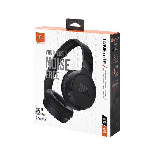 Box of JBL Tune 670 Noise Cancelling Headphones (On-Ear) [Black] by JBL, featuring an image of the black headphones, Bluetooth and ANC logos, and text highlighting noise cancellation with up to 70 hours of battery life.