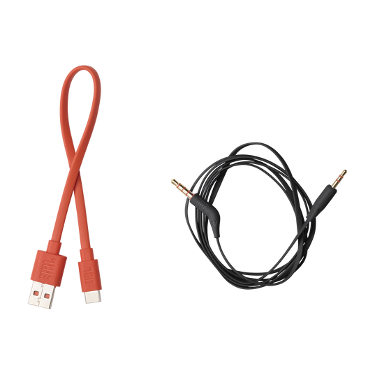 A red USB to USB-C charging cable and a black 3.5mm audio cable lie side by side on a white background, ideal for your JBL Tune 670 Noise Cancelling Headphones (On-Ear) [Black] from JBL.