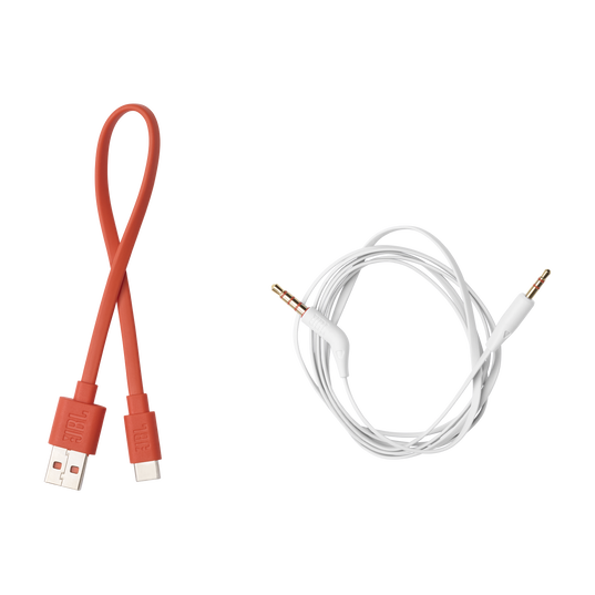 A red USB to USB-C cable and a white right-angle 3.5mm audio cable, compatible with JBL Tune 670 Noise Cancelling Headphones (On-Ear) [White] by JBL, are coiled side by side on a white background.