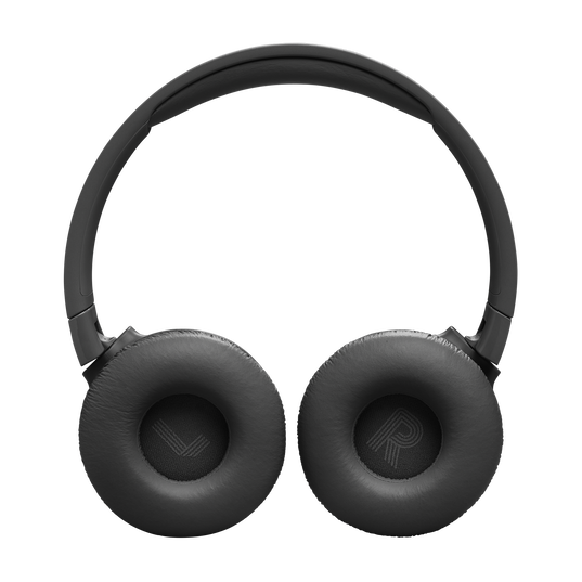 A pair of black JBL Tune 670 Noise Cancelling On-Ear Headphones by JBL, shown front-facing on a white background with cushioned ear pads and L/R labels inside the wireless ear cups.
