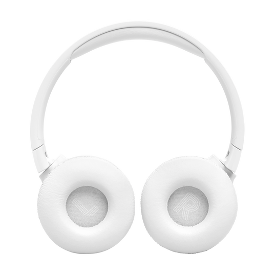 The white JBL Tune 670 Noise Cancelling On-Ear Headphones by JBL feature cushioned ear pads, clear L and R markers, and adaptive noise cancelling for immersive sound. Shown on a light gray background.