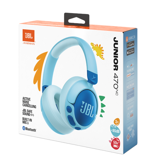The JBL Junior 470 Noise Cancelling Headphones (Over-Ear) [Blue] box shows the headphones, JBL branding, Bluetooth, built-in mic, kid safety features, and notes they’re suitable for ages 3+—the perfect wireless headphones for kids.