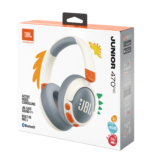A box of JBL Junior 470 Noise Cancelling Headphones (Over-Ear) [White] by JBL for kids ages 3+, featuring wireless Bluetooth, active noise cancelling, built-in mic, gray and orange packaging, and up to 50 hours playtime.