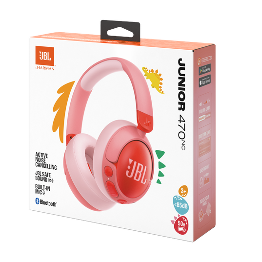 The image displays a JBL Junior 470 Noise Cancelling Headphones (Over-Ear) [Pink] box. These JBL kids headphones offer wireless noise cancellation, Bluetooth, built-in mic, and 50-hour battery life. The packaging is white with pink and orange accents.
