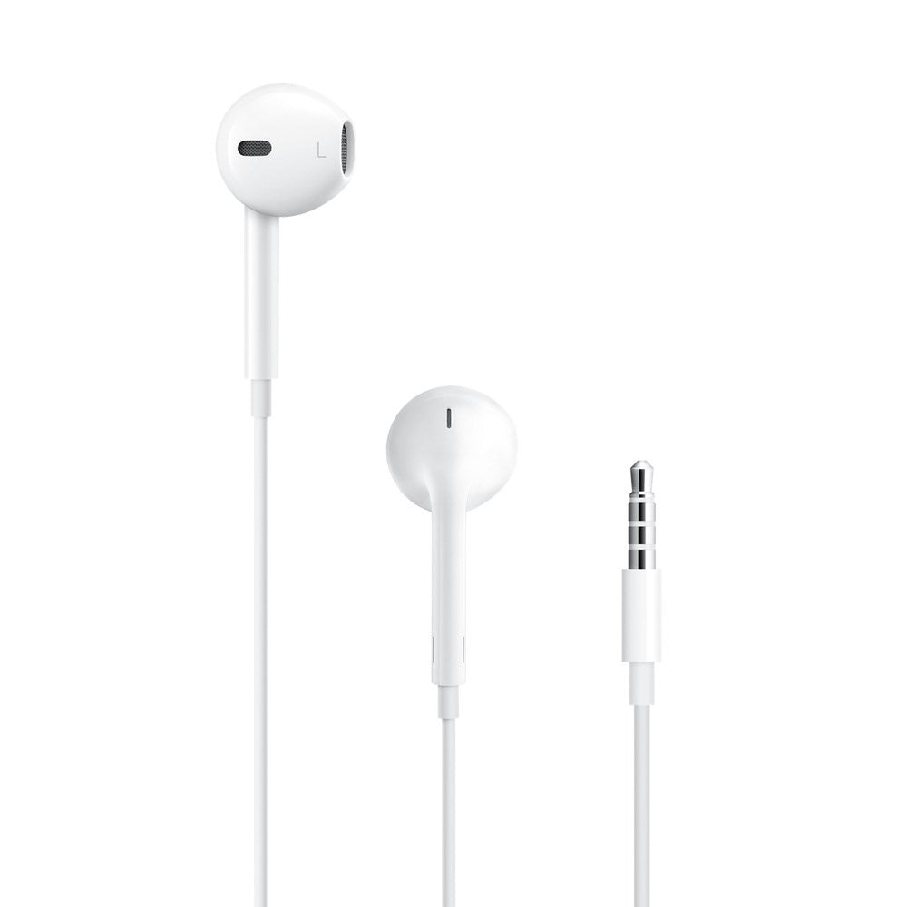 Apple EarPods with 3.5mm Headphone Plug by Apple, featuring a white wired in-ear design for high-quality audio, are displayed from multiple angles against a plain white background.