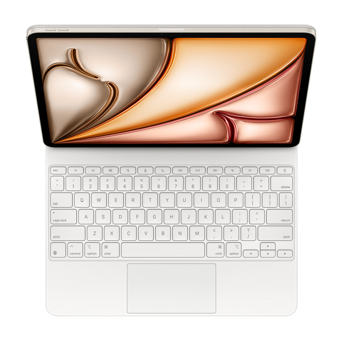 An Apple Magic Keyboard for iPad Air 13-inch (M3/M4) US English is attached to an iPad Air, shown from above displaying a colorful abstract design. The sleek, minimalistic look underscores Apple’s keyboard as an ideal laptop replacement.
