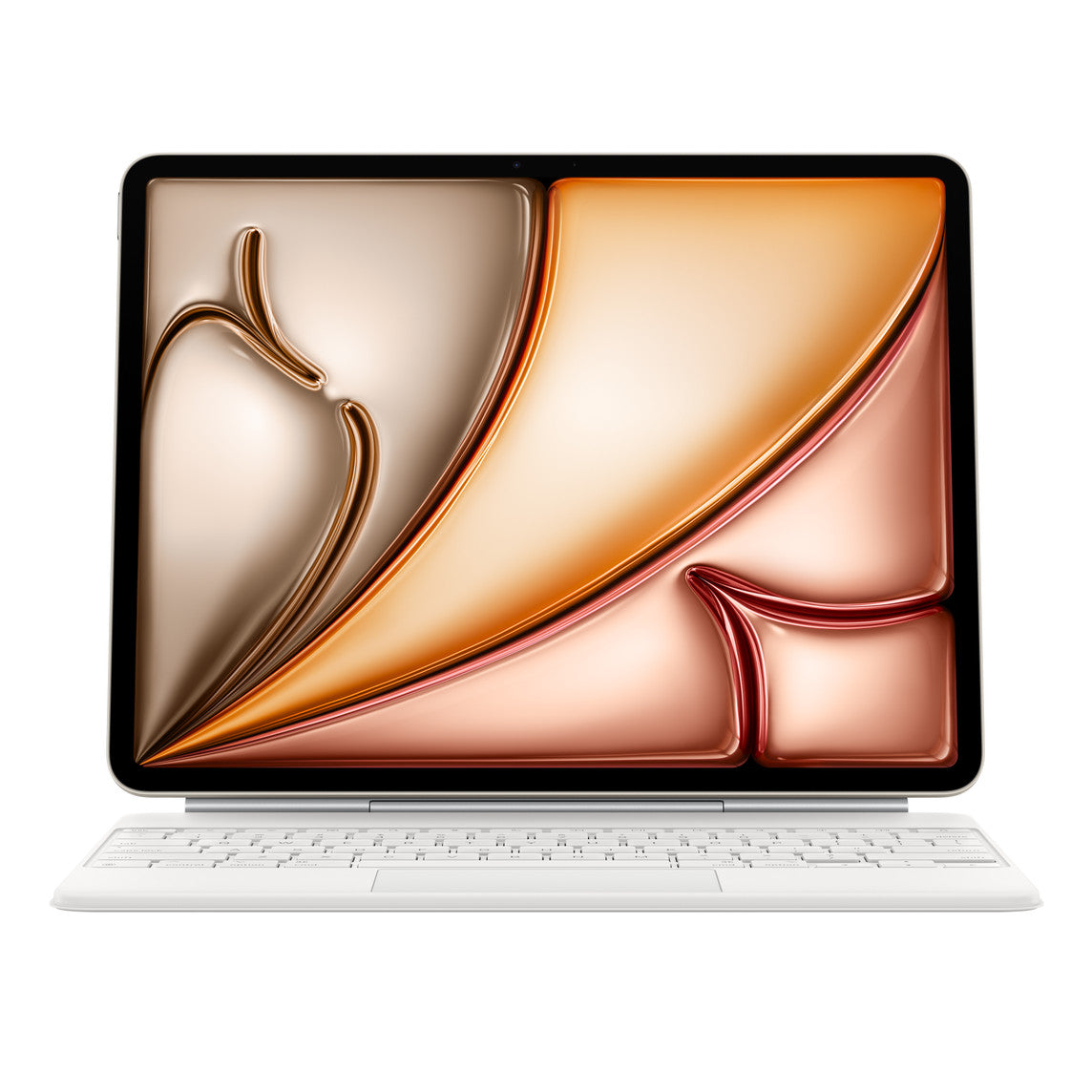 An Apple Magic Keyboard for iPad Air 13-inch (M3/M4) in white is attached to an iPad, which displays a glossy abstract swirl of gold, bronze, and peach hues on its screen.