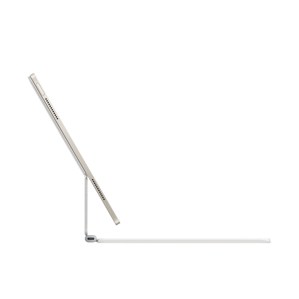 A side view shows a slim, gold iPad Air 13-inch attached to the Apple Magic Keyboard for iPad Air 13-inch (M3/M4) by Apple, with the screen facing left and the full-size backlit US English keyboard lying flat.