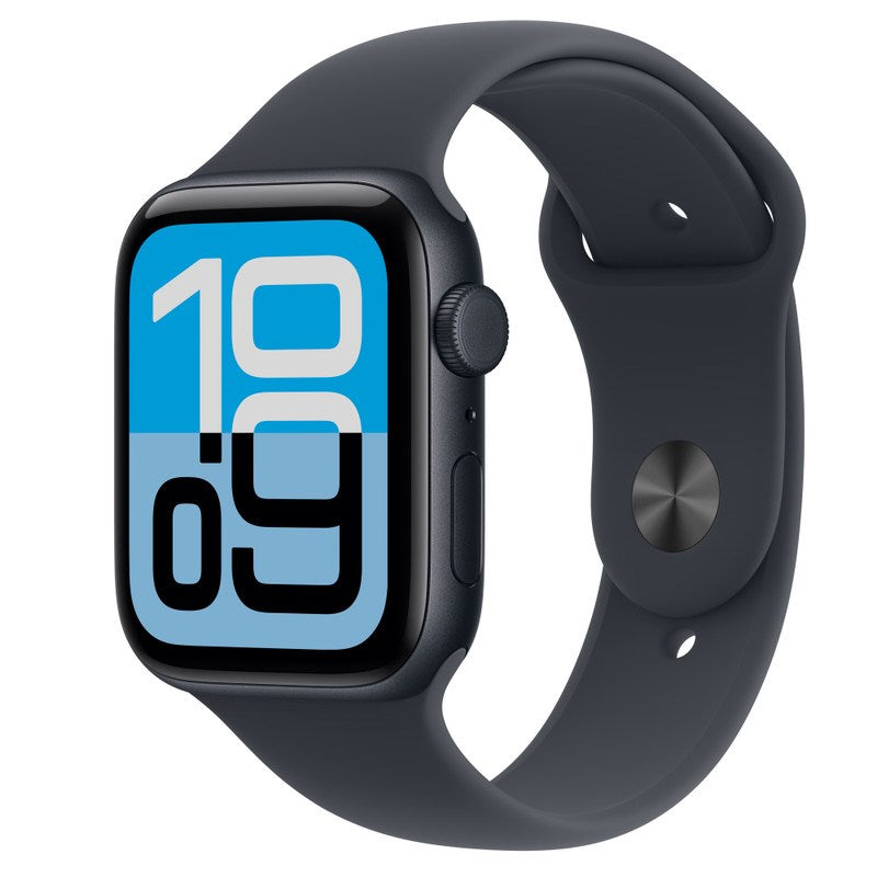 The Apple Watch SE 3 GPS + Cellular (44-mm Midnight Aluminium Case, Midnight Sport Band M/L) by Apple displays a large digital time of 10:09 on its blue and white screen, offering advanced health insights and sleep tracking. Shown angled on a white background.