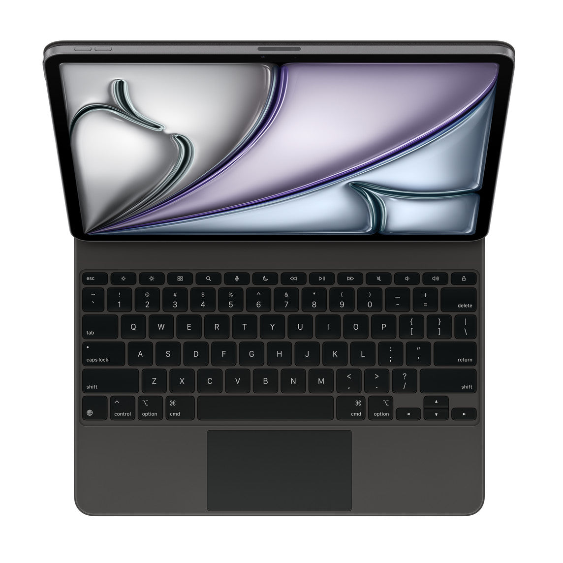 An Apple Magic Keyboard for iPad Air 13-inch (M3/M4) in black by Apple is shown from above, attached to a metallic tablet displaying a shiny abstract purple and gray design on its screen.