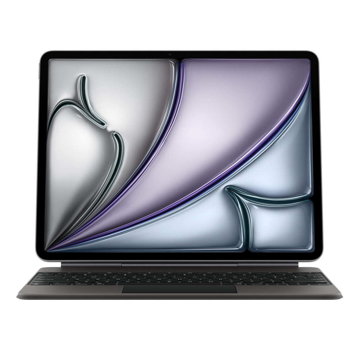 The Apple Magic Keyboard for iPad Air 13-inch (M3/M4) by Apple features a full-size backlit keyboard attached to a sleek tablet, displaying a glossy abstract artwork in silver, purple, and blue on its screen.