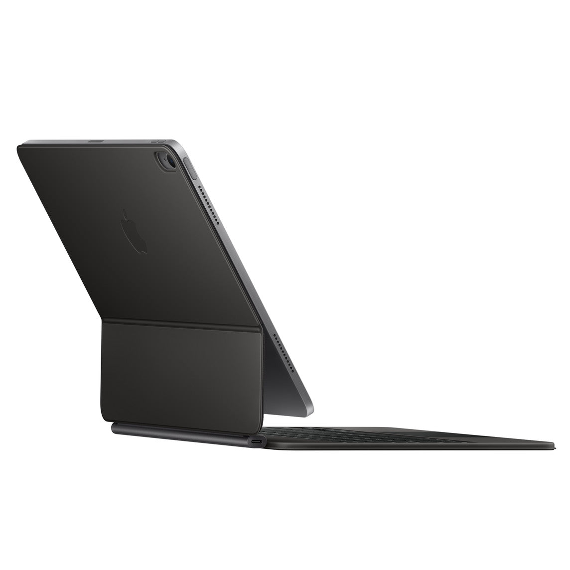 An Apple iPad Air 13-inch is attached to an Apple Magic Keyboard for iPad Air 13-inch (M3/M4) US English, in black, standing upright and slightly open with the Apple logo visible on the back. Viewed from the back left side.