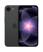 The Apple iPhone 17e 256GB by Apple appears in black, shown front and back. Its screen displays purple abstract circles, the Apple logo glows on the rear, and it features an A19 chip plus tough Ceramic Shield 2 protection.