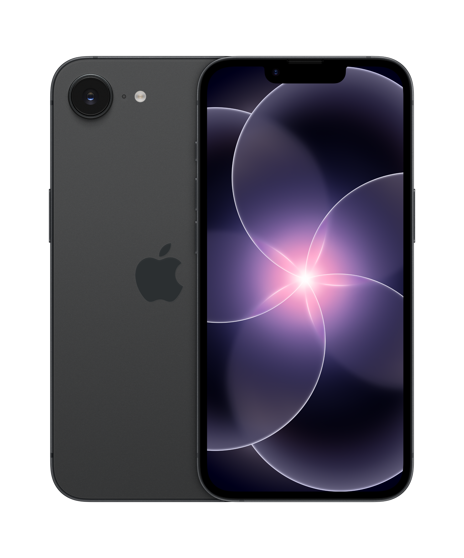 The Apple iPhone 17e 256GB by Apple appears in black, shown front and back. Its screen displays purple abstract circles, the Apple logo glows on the rear, and it features an A19 chip plus tough Ceramic Shield 2 protection.