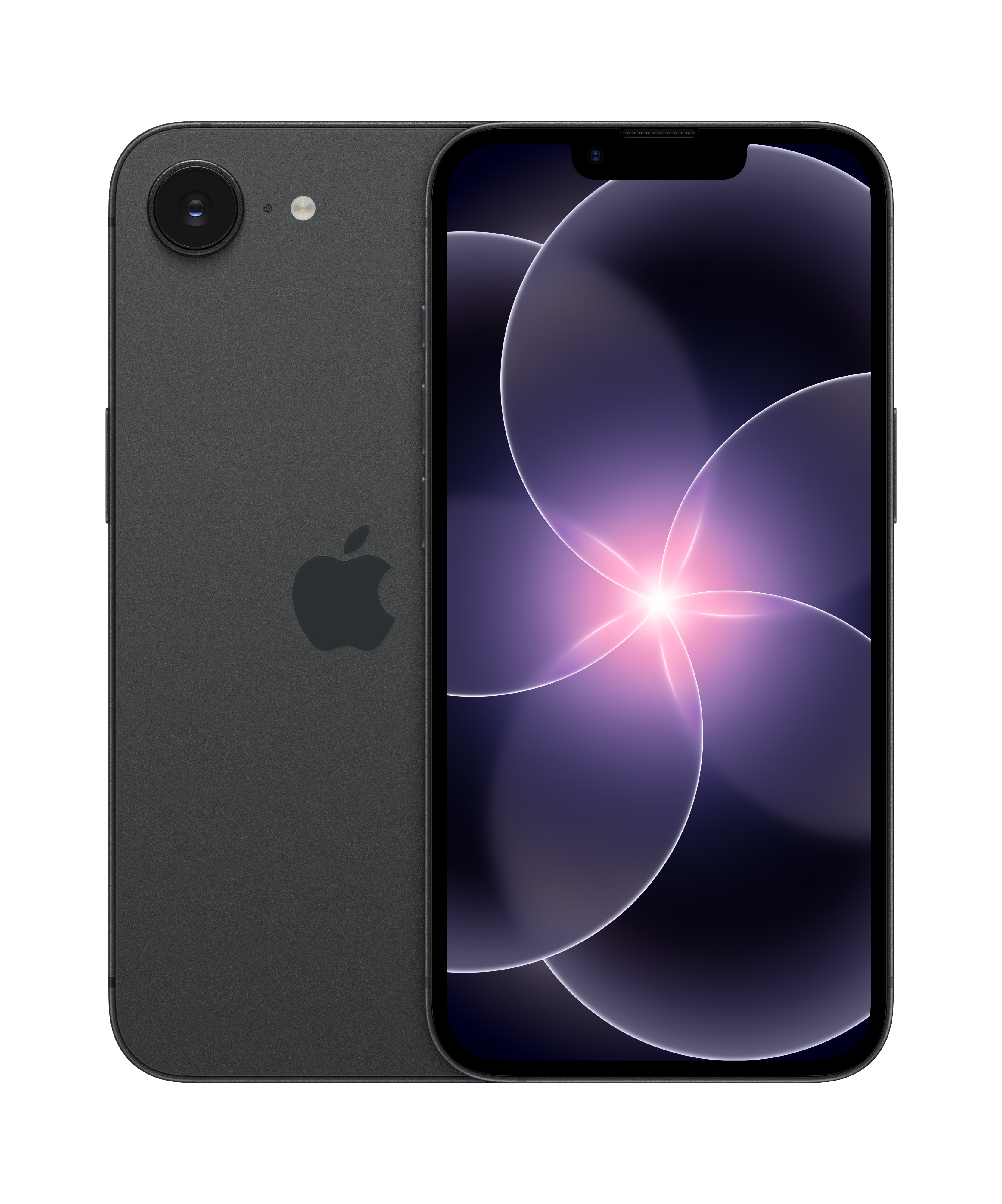 The Apple iPhone 17e 256GB by Apple appears in black, shown front and back. Its screen displays purple abstract circles, the Apple logo glows on the rear, and it features an A19 chip plus tough Ceramic Shield 2 protection.