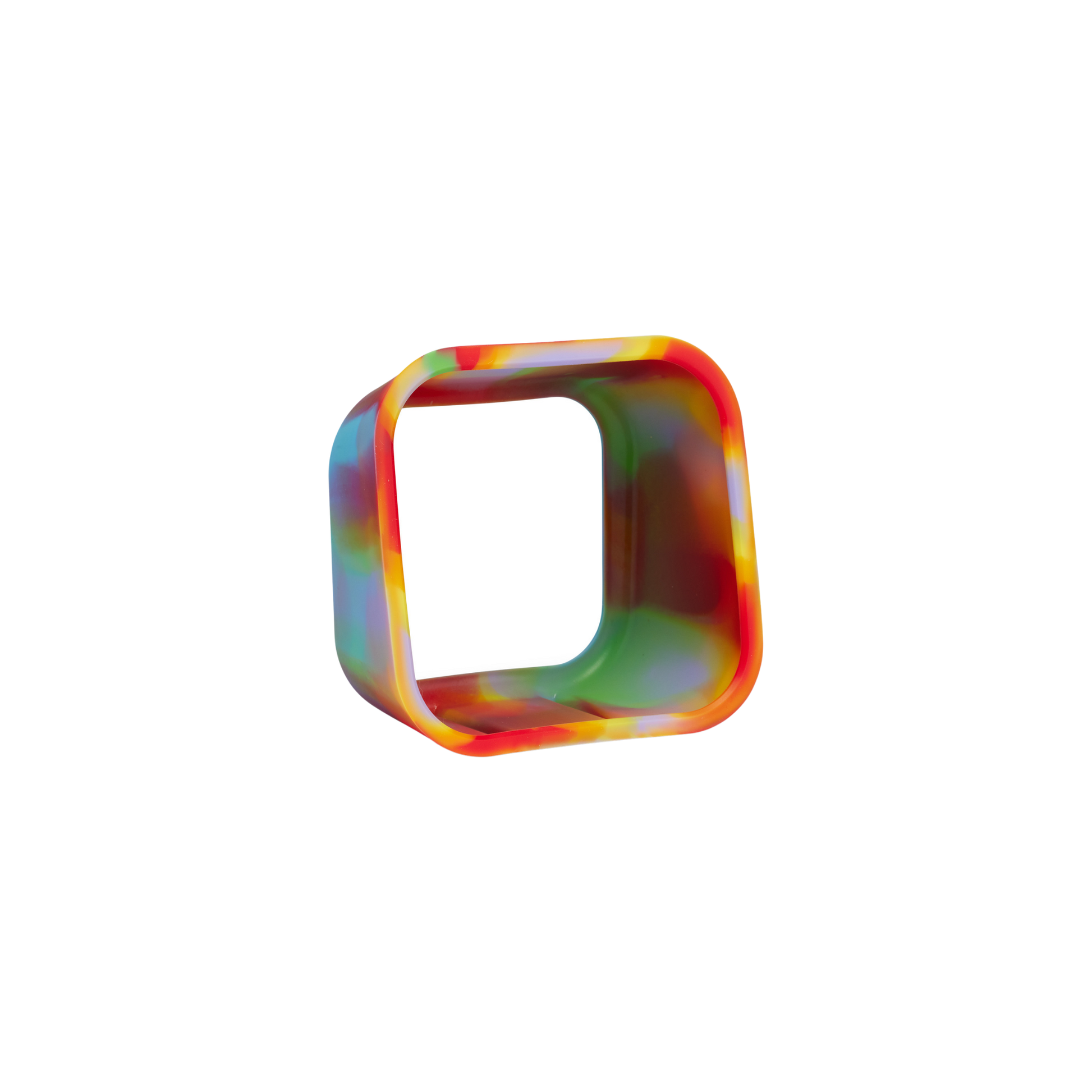 The Time Timer MOD Cover (Tie Dye) by Time Timer is a square, hollow cover with rounded edges and a colorful red, yellow, green, and blue marbled pattern on white.