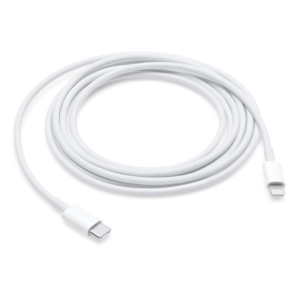 The Apple USB-C to Lightning Cable (2M) by Apple is a white coiled cable featuring a USB-C connector on one end and a Lightning connector on the other, designed for fast charging and shown on a plain white background.