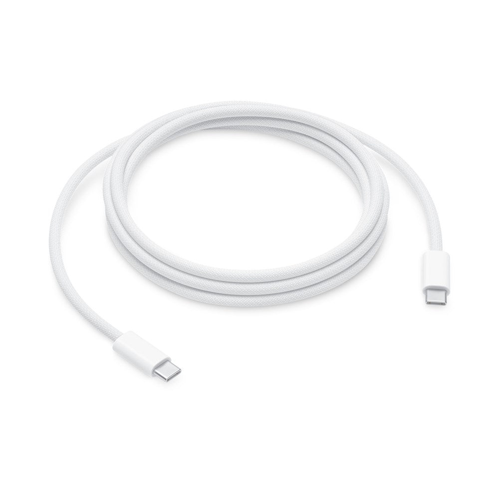 The Apple 240W USB-C Charge Cable (2M) by Apple, shown coiled on a white background, features a braided design and supports fast 240W charging for all compatible devices.