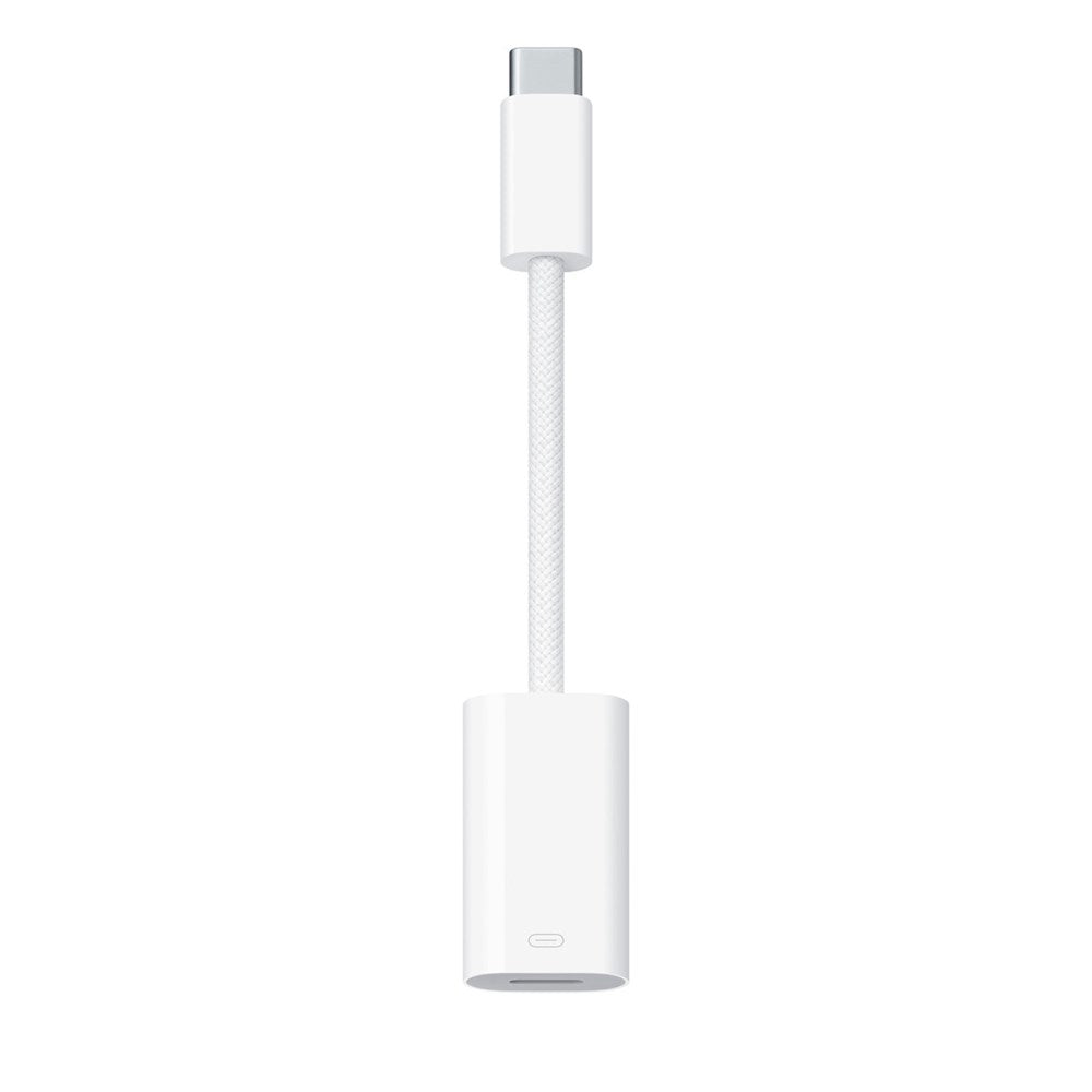 The Apple USB-C to Lightning Adapter by Apple, shown vertically on a white background with a short braided cable, enables seamless data and audio transmission for easy connectivity.