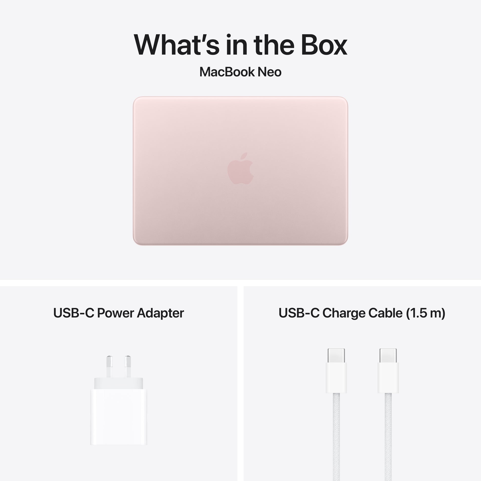 Image showing contents of an Apple MacBook Neo box: a pink Apple MacBook Neo with Liquid Retina display, USB-C power adapter, and 1.5-meter USB-C charge cable. Text labels identify each item.