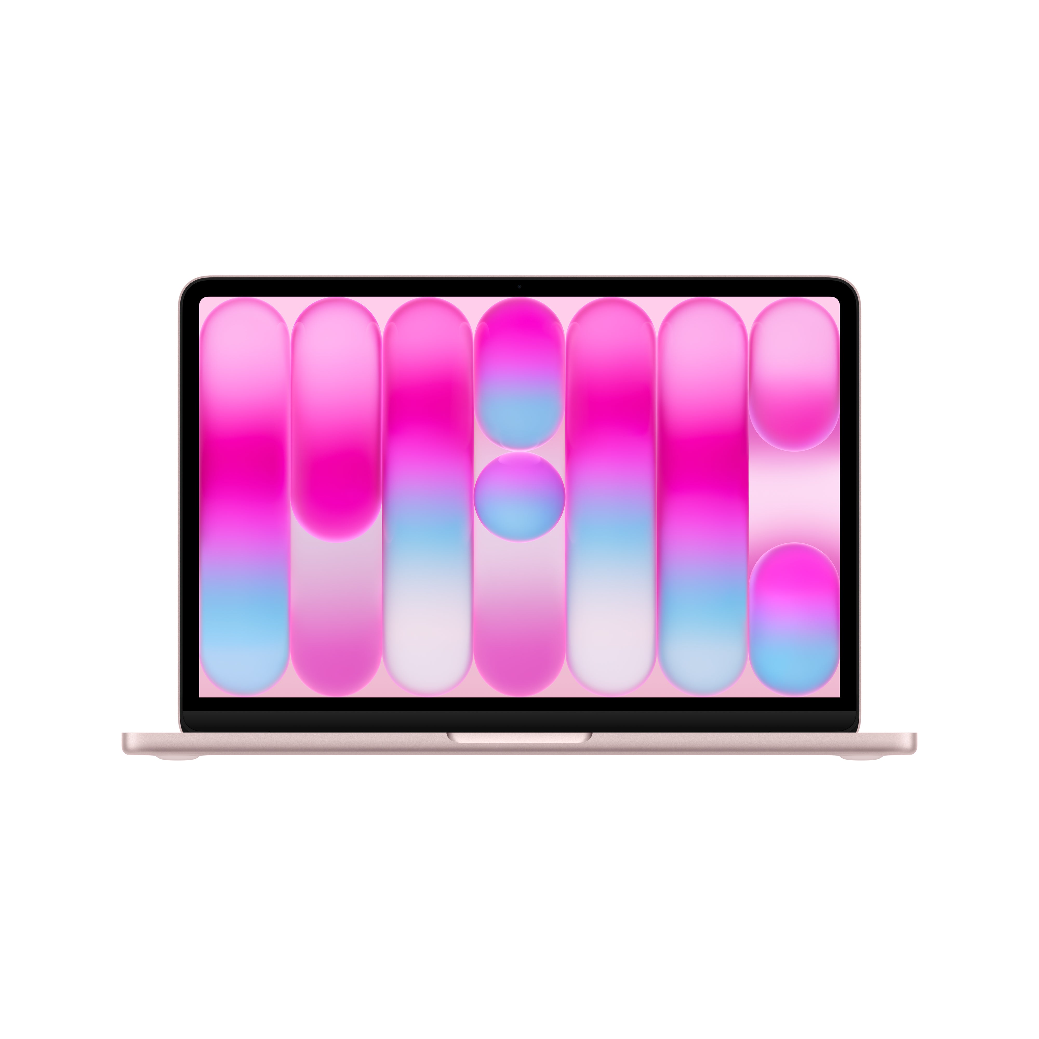 The Apple MacBook Neo by Apple features a light pink base and a brilliant Liquid Retina display, showcasing an abstract wallpaper with rounded shapes in pink, purple, and blue gradients on white.