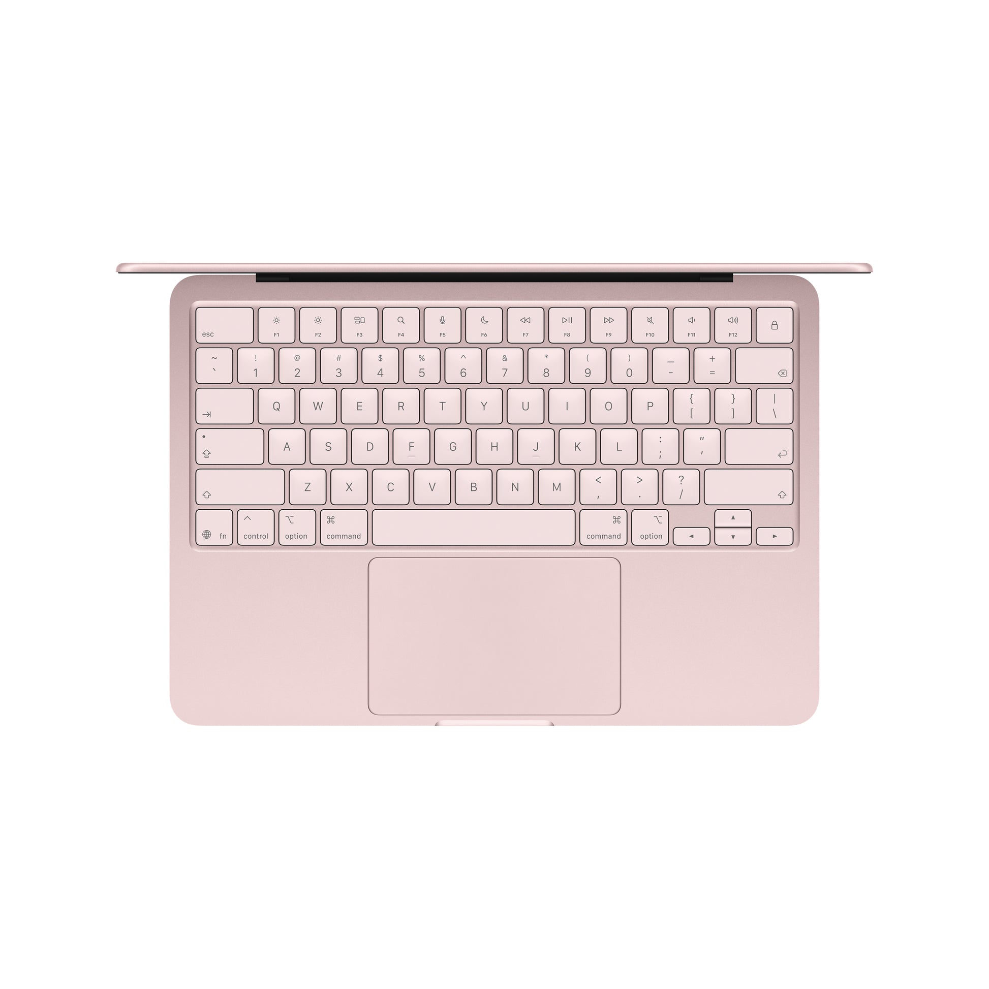 A top-down view of the Apple MacBook Neo by Apple, featuring a pink finish, QWERTY keyboard, large touchpad, and Liquid Retina display on a white background.