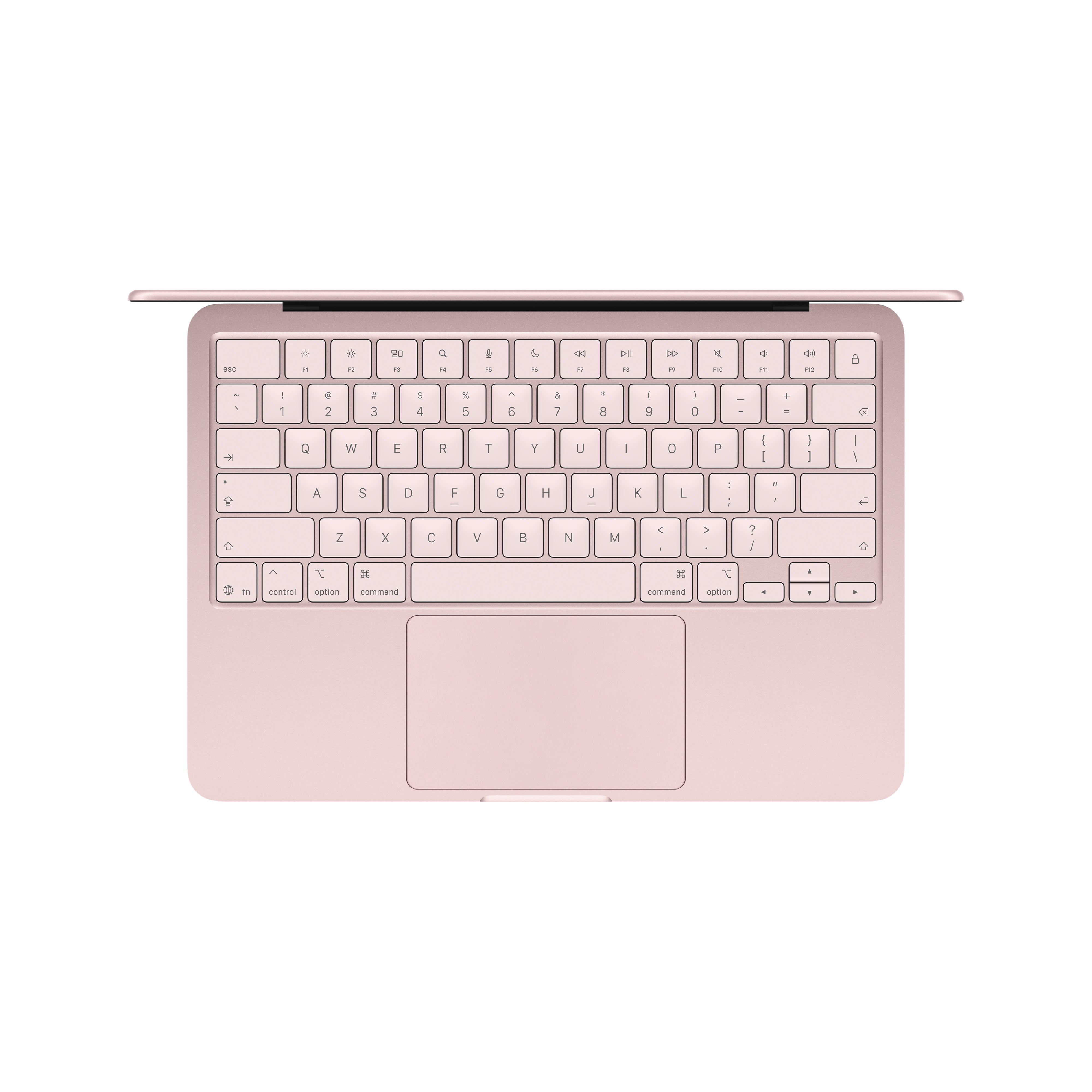 A top-down view of the Apple MacBook Neo by Apple, featuring a pink finish, QWERTY keyboard, large touchpad, and Liquid Retina display on a white background.