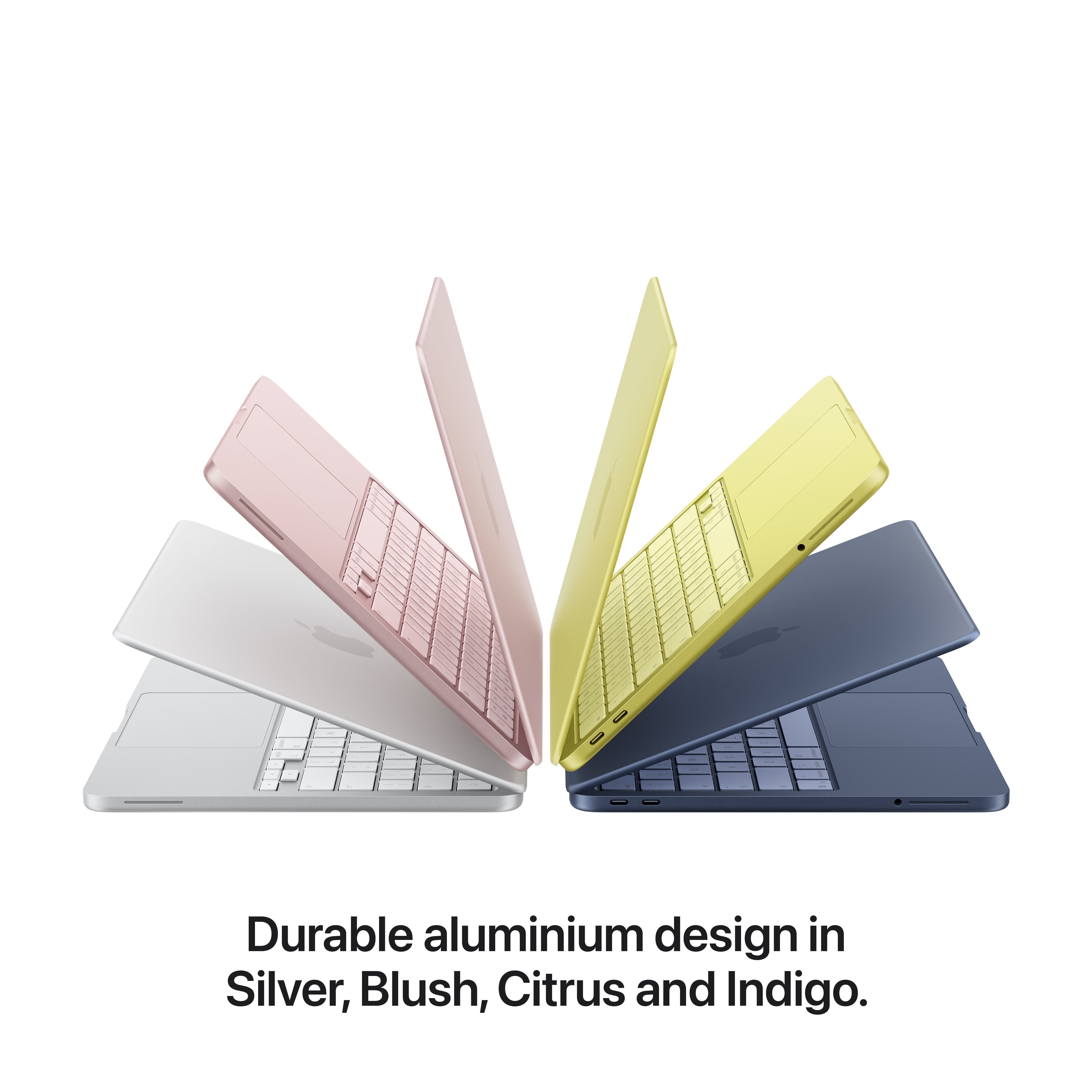 Four Apple MacBook Neo laptops in Silver, Blush, Citrus, and Indigo are arranged in a circle with lids open. Below: Durable aluminum design in vibrant colors and stunning Liquid Retina display.