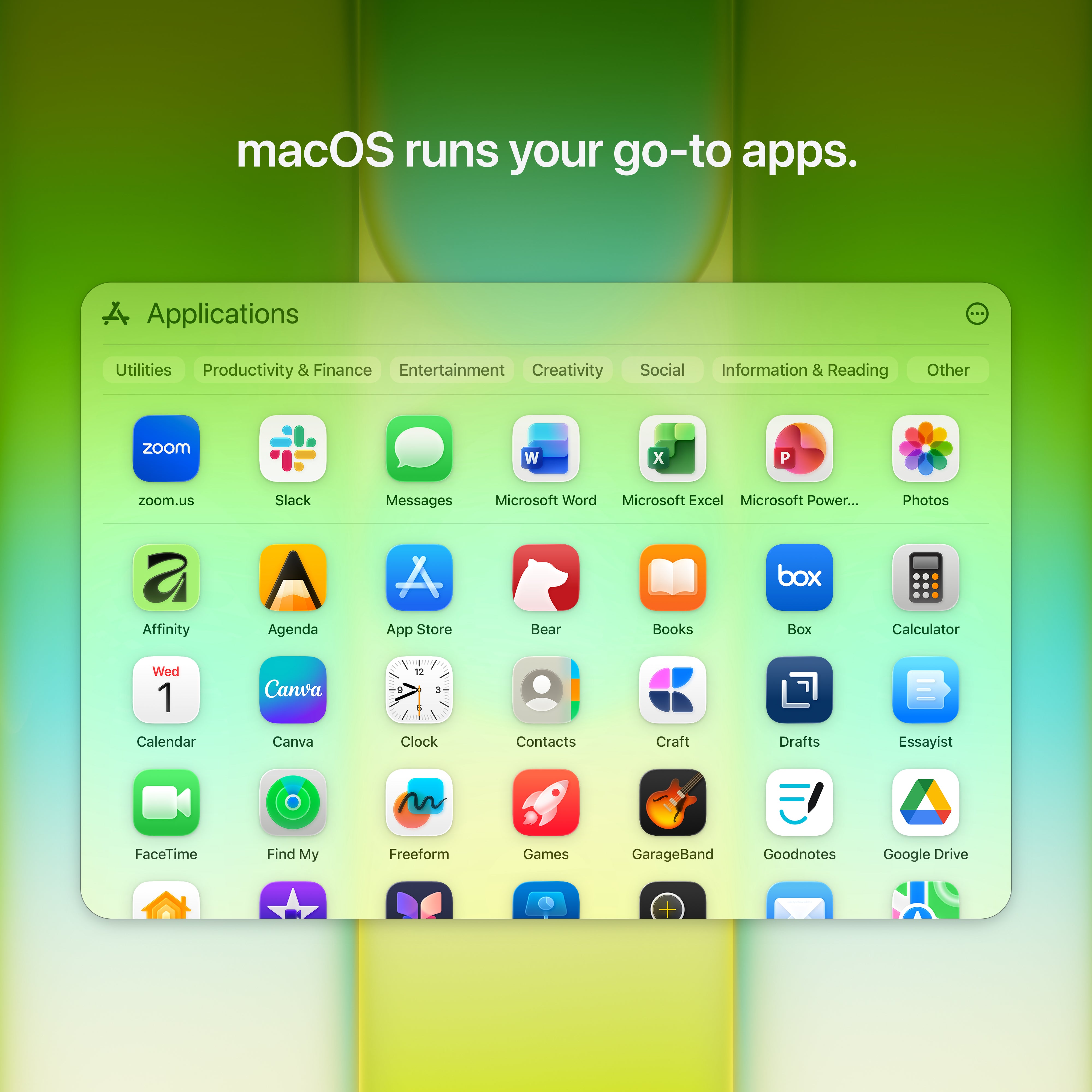 A screenshot of the Apple MacBook Neo’s macOS Applications menu shows apps like Zoom, Slack, Word, and Excel. Text above states: Apple MacBook Neo runs your favorite apps with the A18 Pro chip and Liquid Retina display.