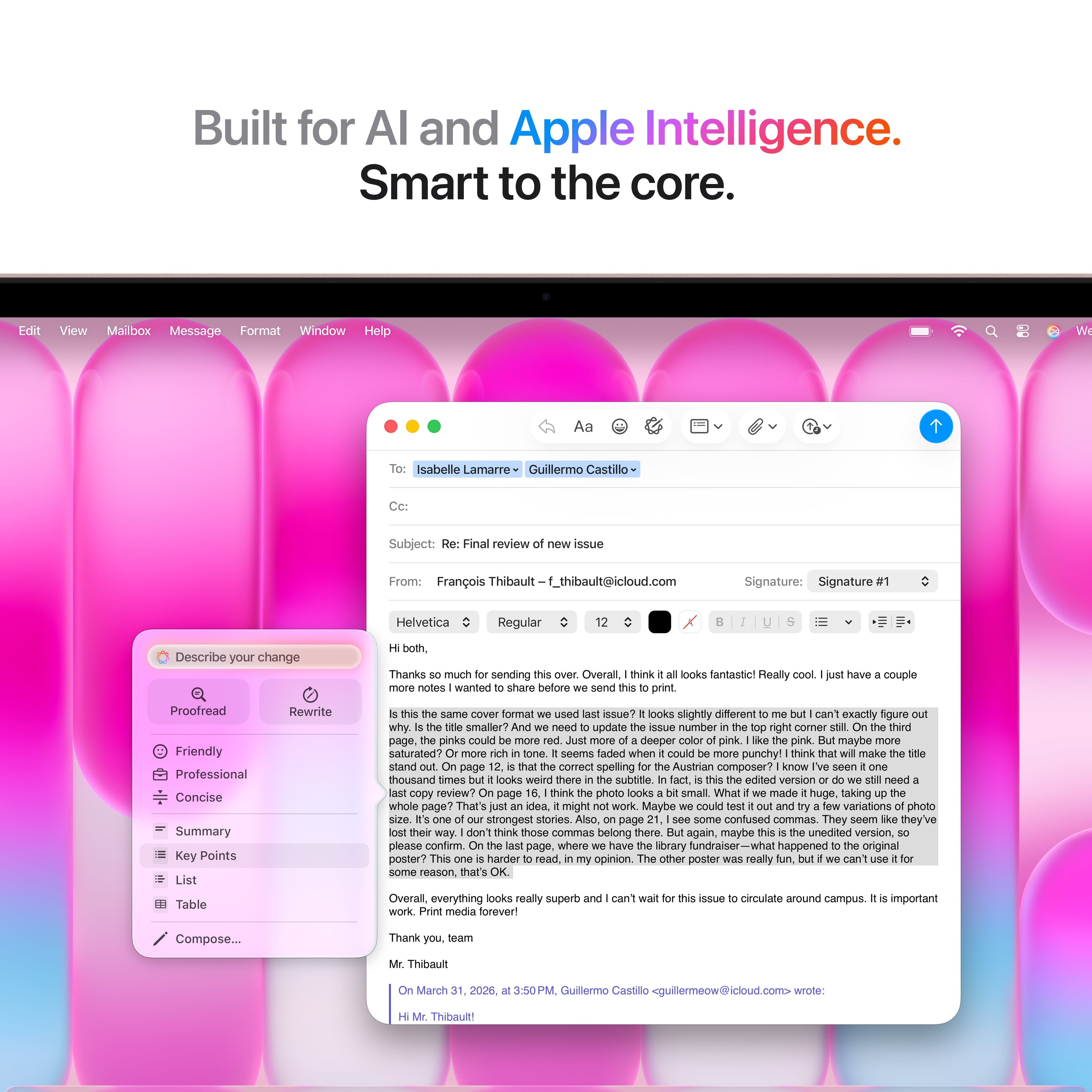 The Apple MacBook Neo displays a vivid interface with an open email reviewing an issue, a rewrite suggestion panel, and the text "Built for AI and Apple Intelligence. Smart to the core." on its stunning Liquid Retina display.