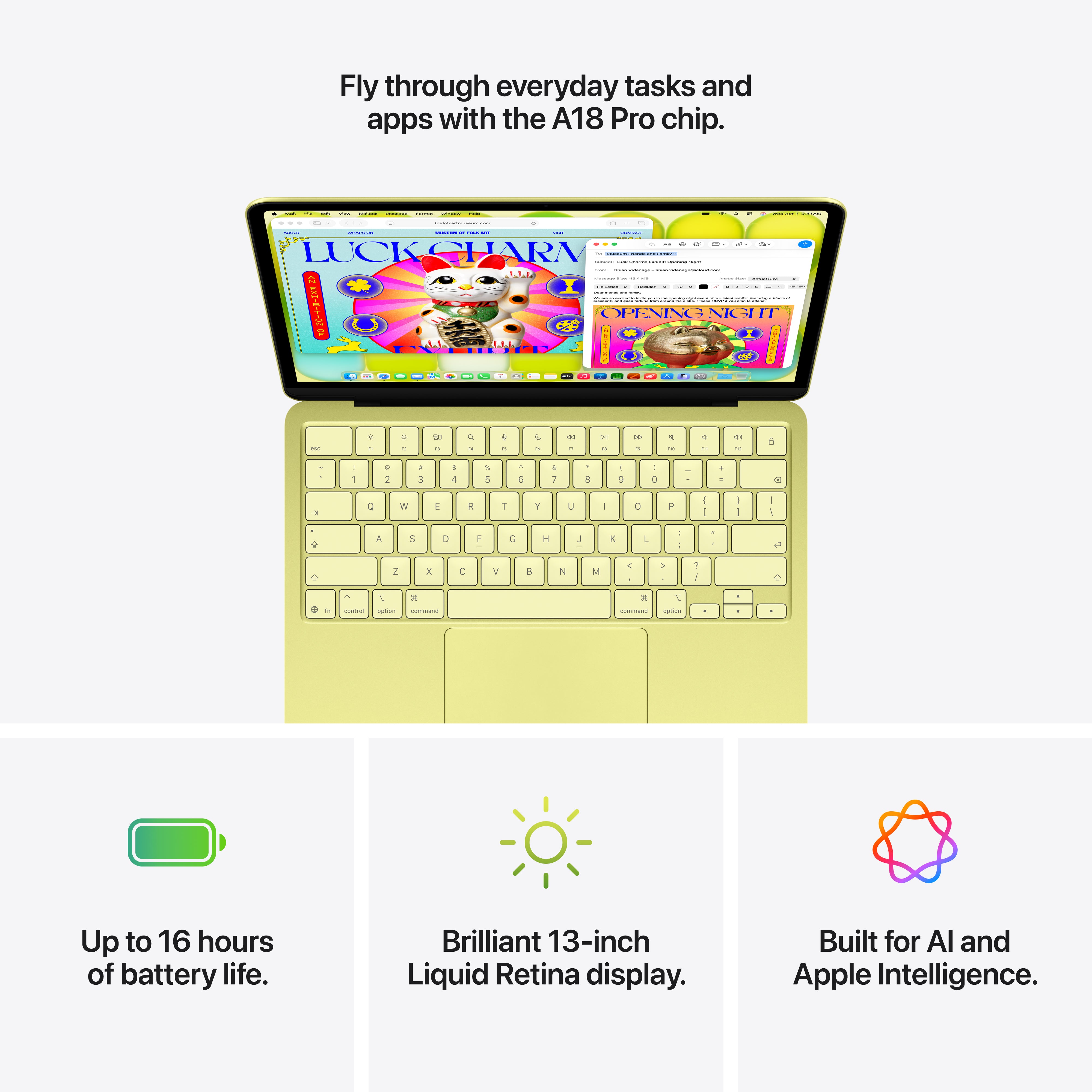 The Apple MacBook Neo in yellow features a brilliant 13-inch Liquid Retina display, up to 16 hours of battery life, built-in AI and Apple Intelligence, and the powerful A18 Pro chip.