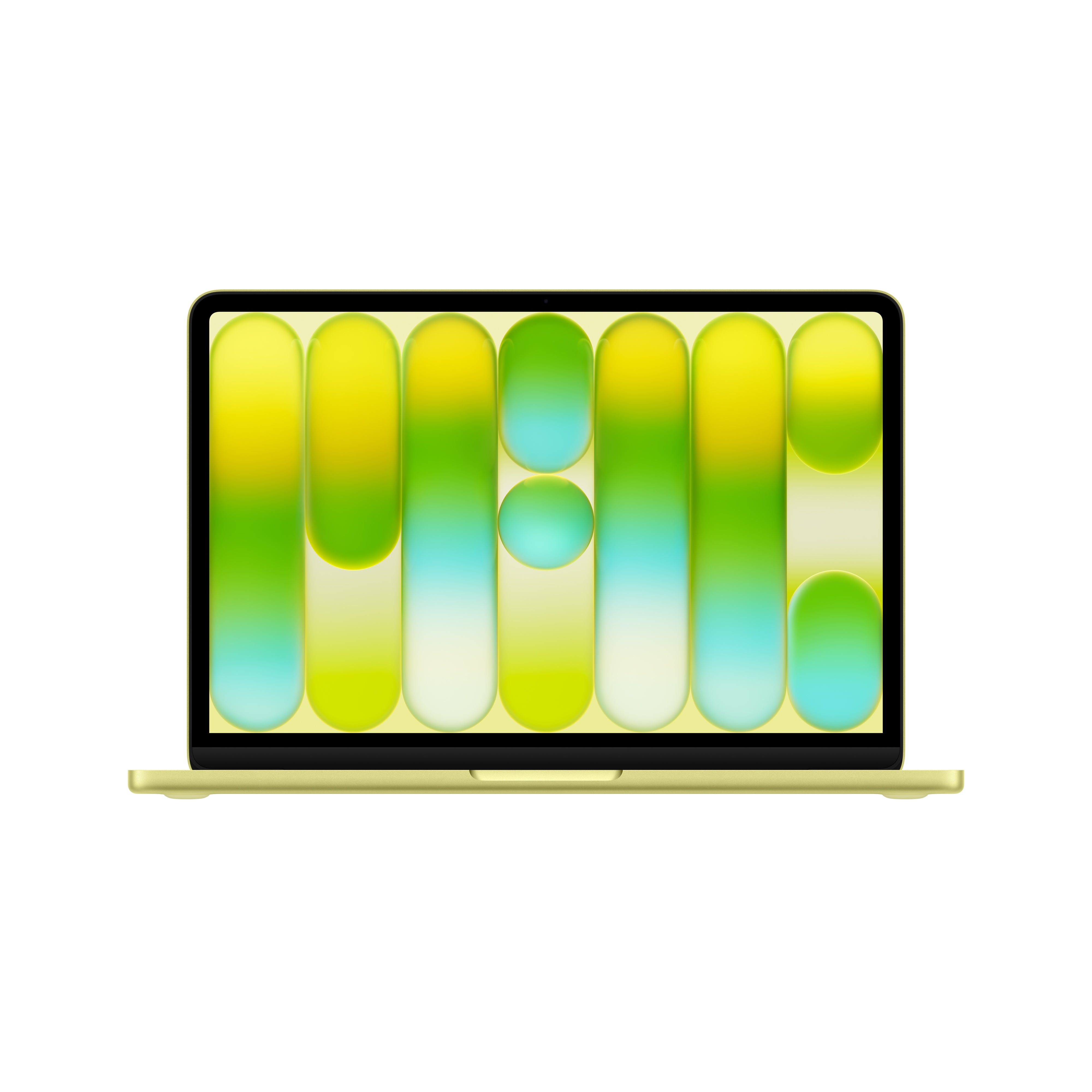 The Apple MacBook Neo in yellow features an abstract wallpaper with vertical rounded shapes in yellow, green, and blue, shown vividly on its crisp Liquid Retina display.