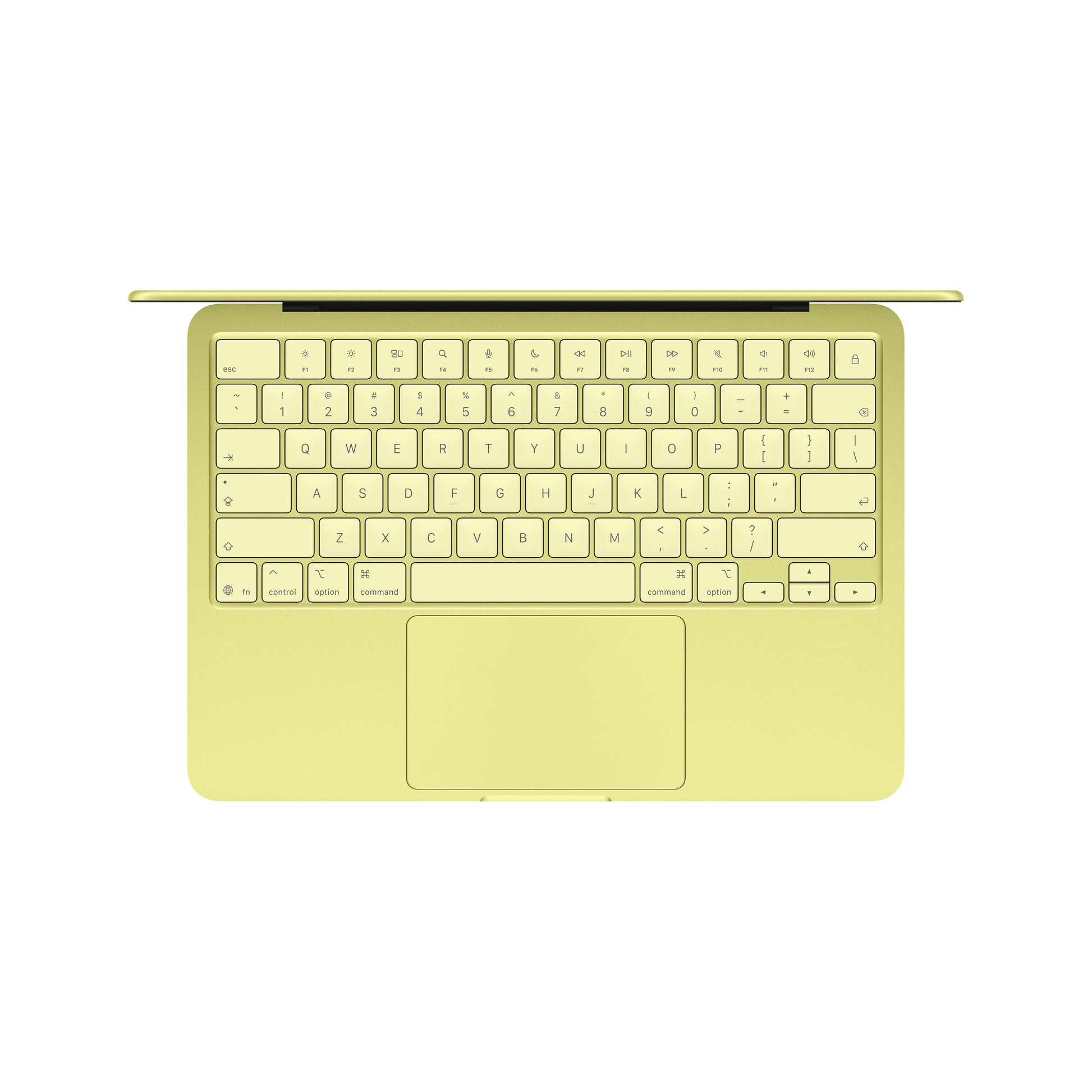 Top view of an Apple MacBook Neo in yellow with its screen partially open, revealing a matching keyboard and trackpad. Features include an A18 Pro chip and Liquid Retina display, all set against a white background.