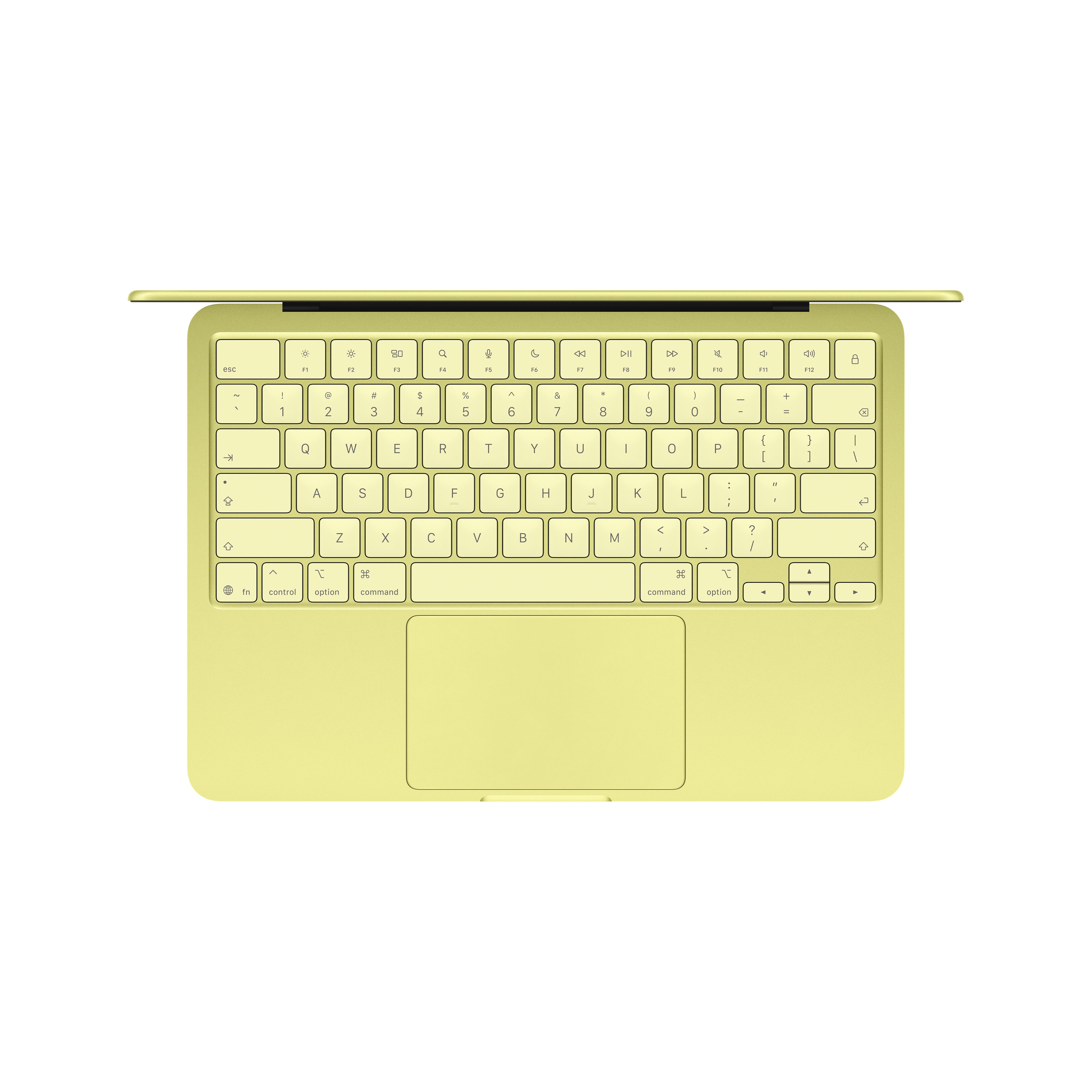 Top view of an Apple MacBook Neo in yellow with its screen partially open, revealing a matching keyboard and trackpad. Features include an A18 Pro chip and Liquid Retina display, all set against a white background.