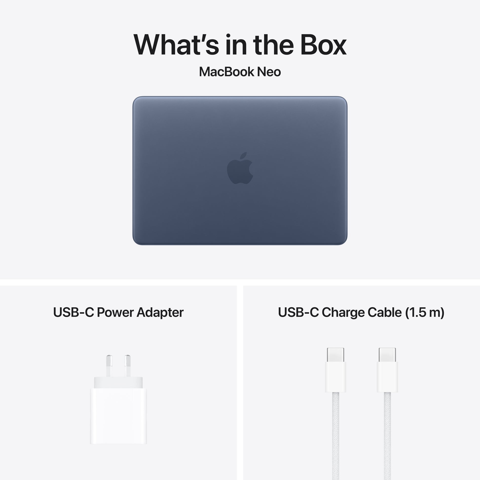 Image displaying the Apple MacBook Neo box contents: a closed Apple MacBook Neo with Liquid Retina display, USB-C power adapter, and 1.5-meter USB-C charge cable.