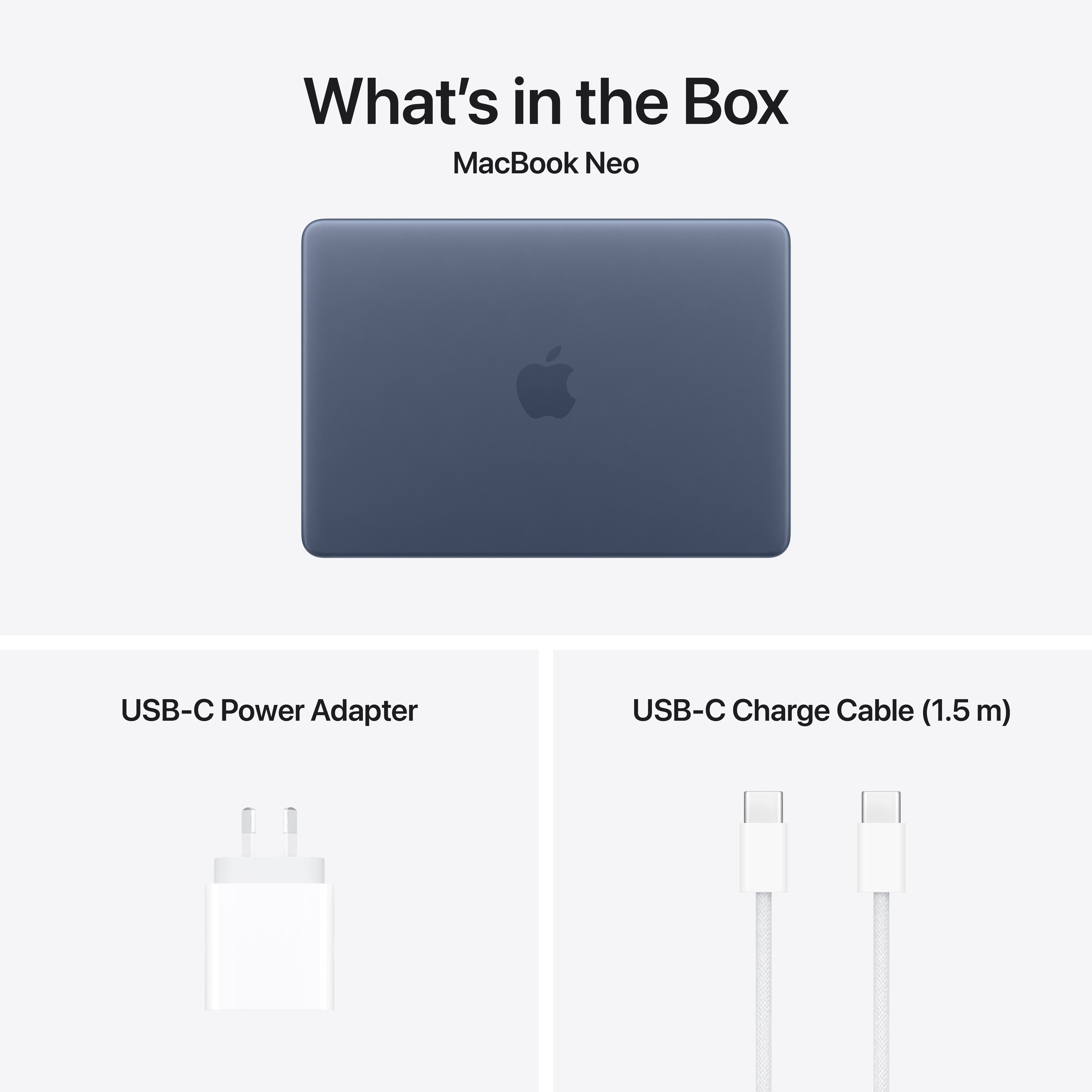 Image displaying the Apple MacBook Neo box contents: a closed Apple MacBook Neo with Liquid Retina display, USB-C power adapter, and 1.5-meter USB-C charge cable.