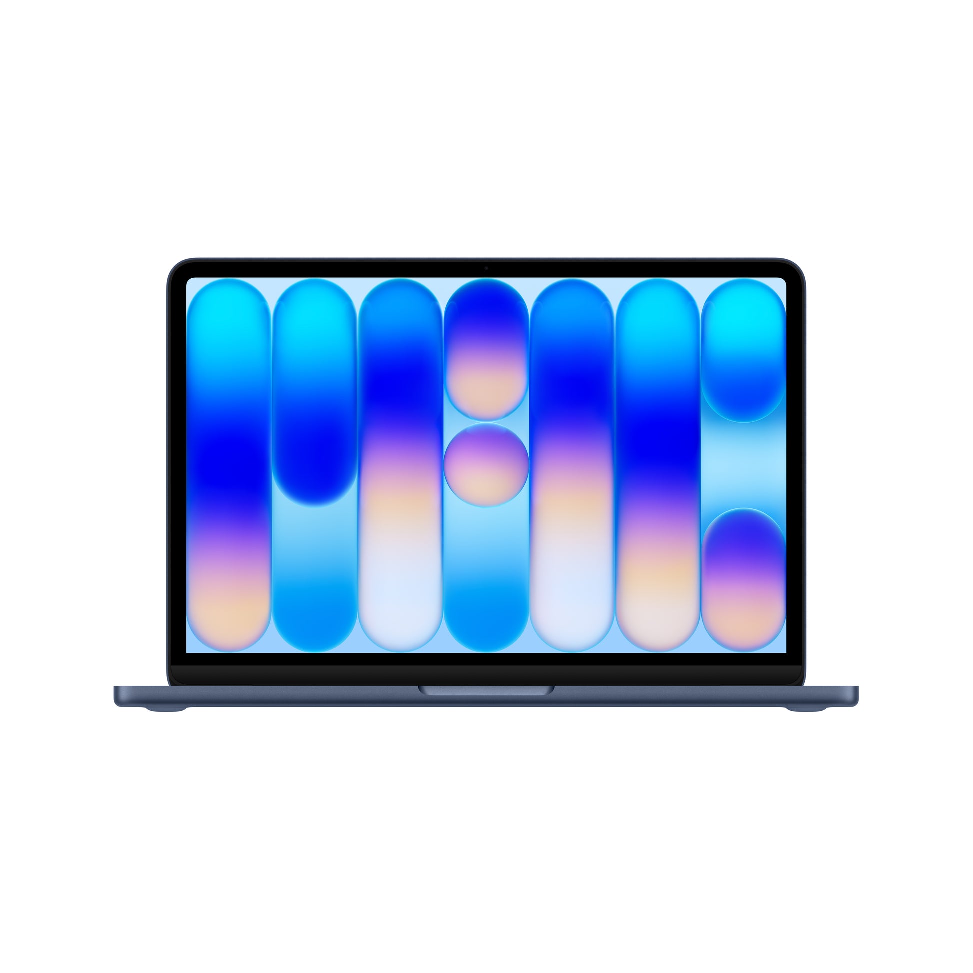 The Apple MacBook Neo features a black keyboard and a vivid Liquid Retina display showcasing abstract blue, white, and pink rounded rectangles and circles on a white background.