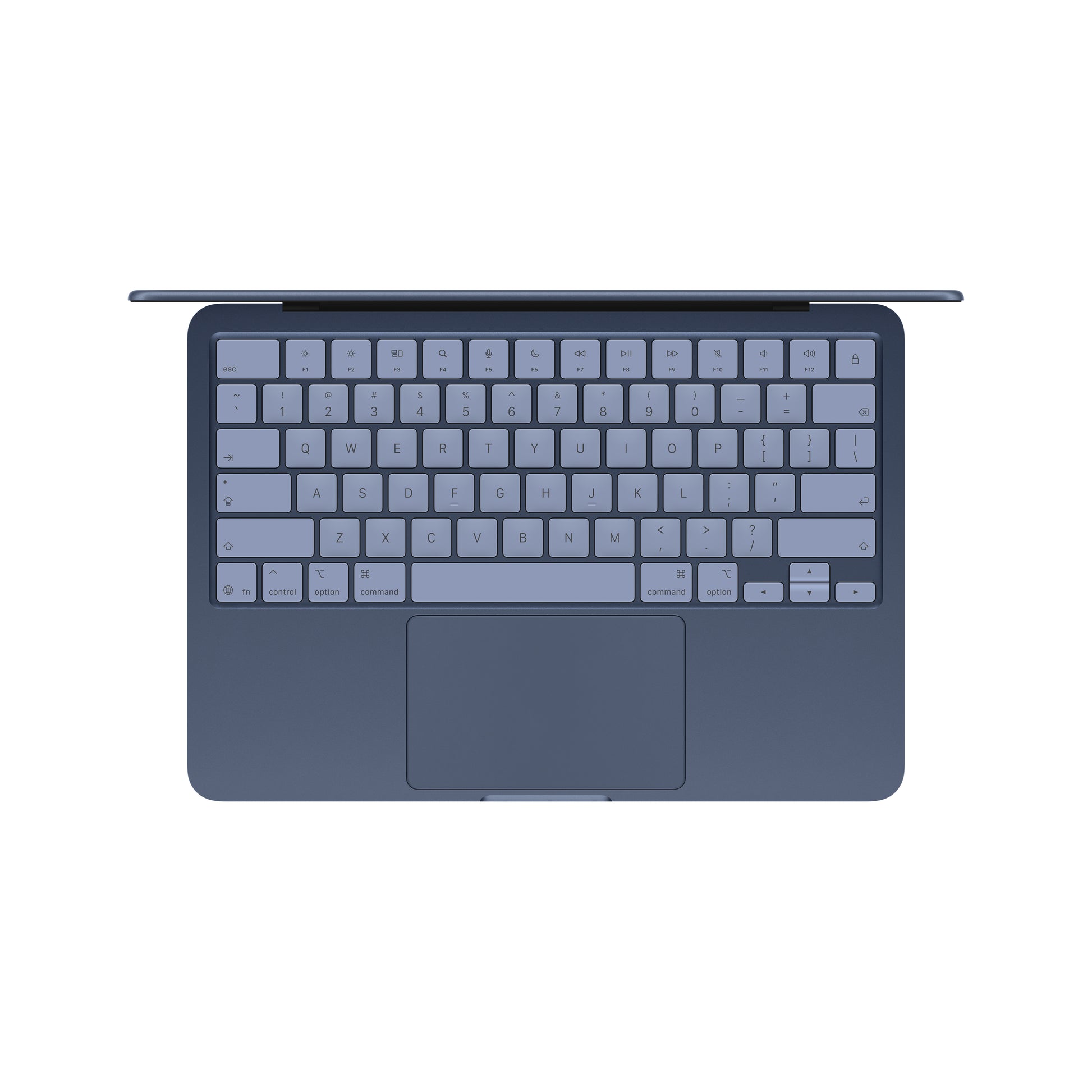A top-down view of the Apple MacBook Neo keyboard and trackpad in sleek blue on a white background, with the Apple Liquid Retina display partially visible at the top.
