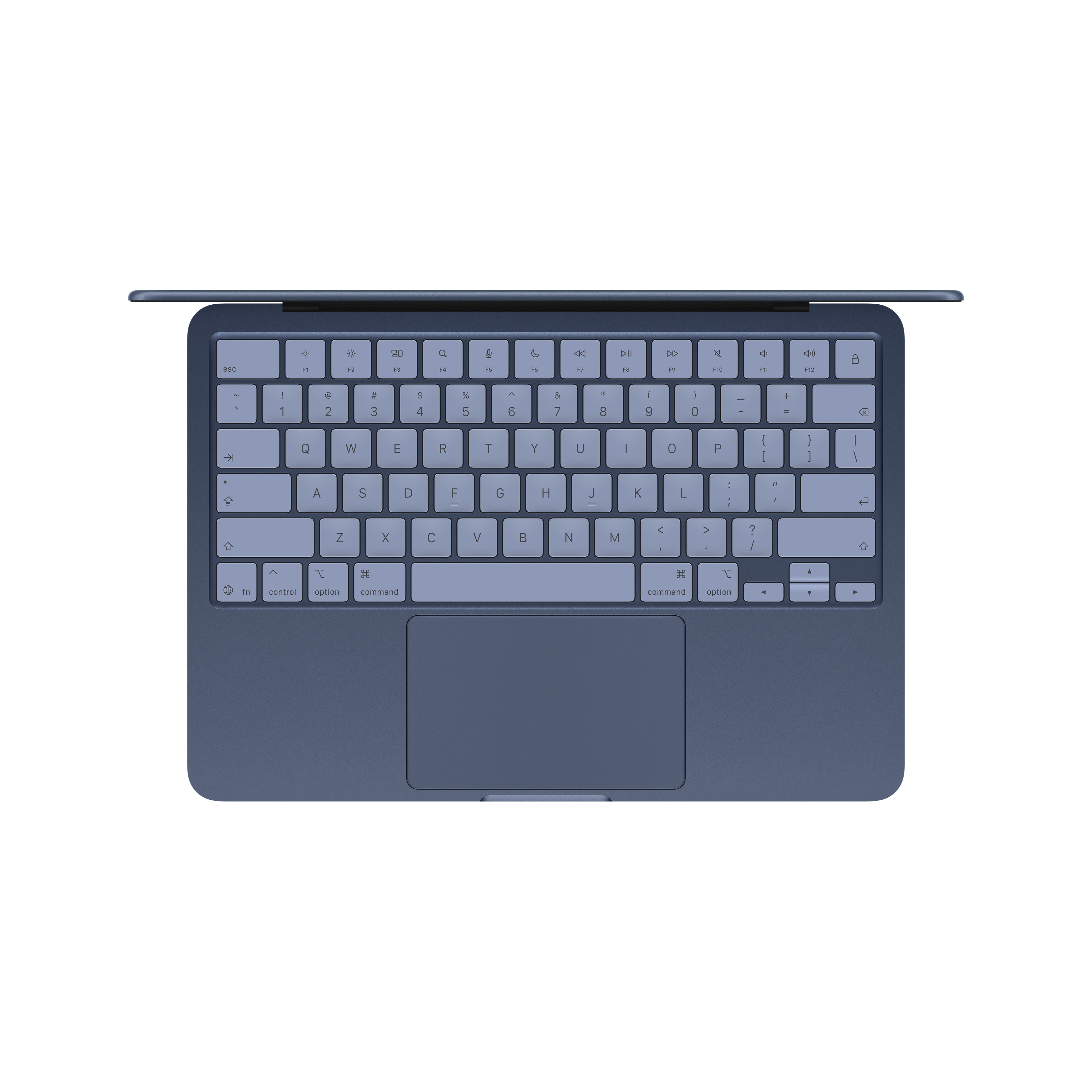 A top-down view of the Apple MacBook Neo keyboard and trackpad in sleek blue on a white background, with the Apple Liquid Retina display partially visible at the top.