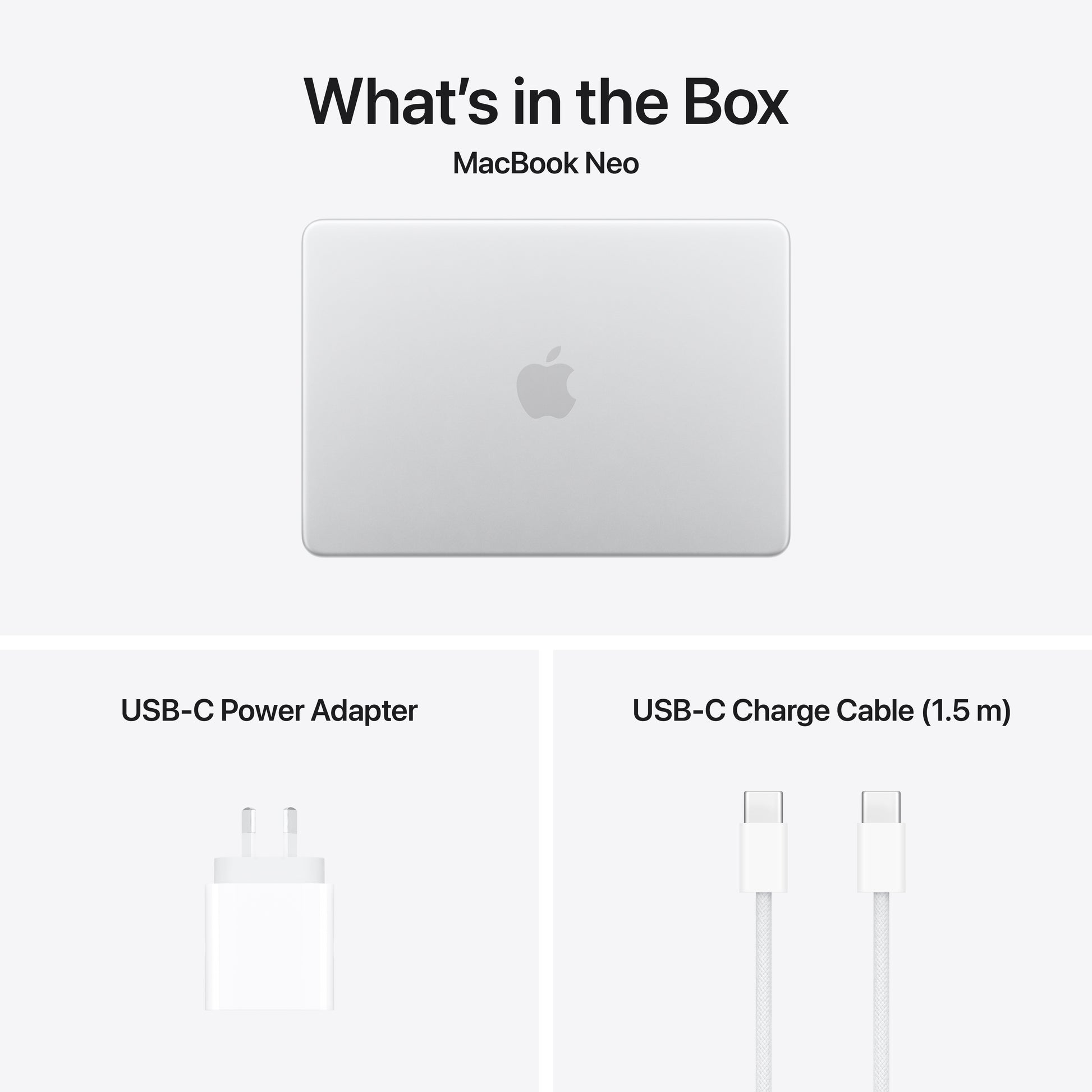 Image shows the Apple MacBook Neo box contents: a silver Apple MacBook Neo with A18 Pro chip, USB-C power adapter, and 1.5m USB-C charge cable.