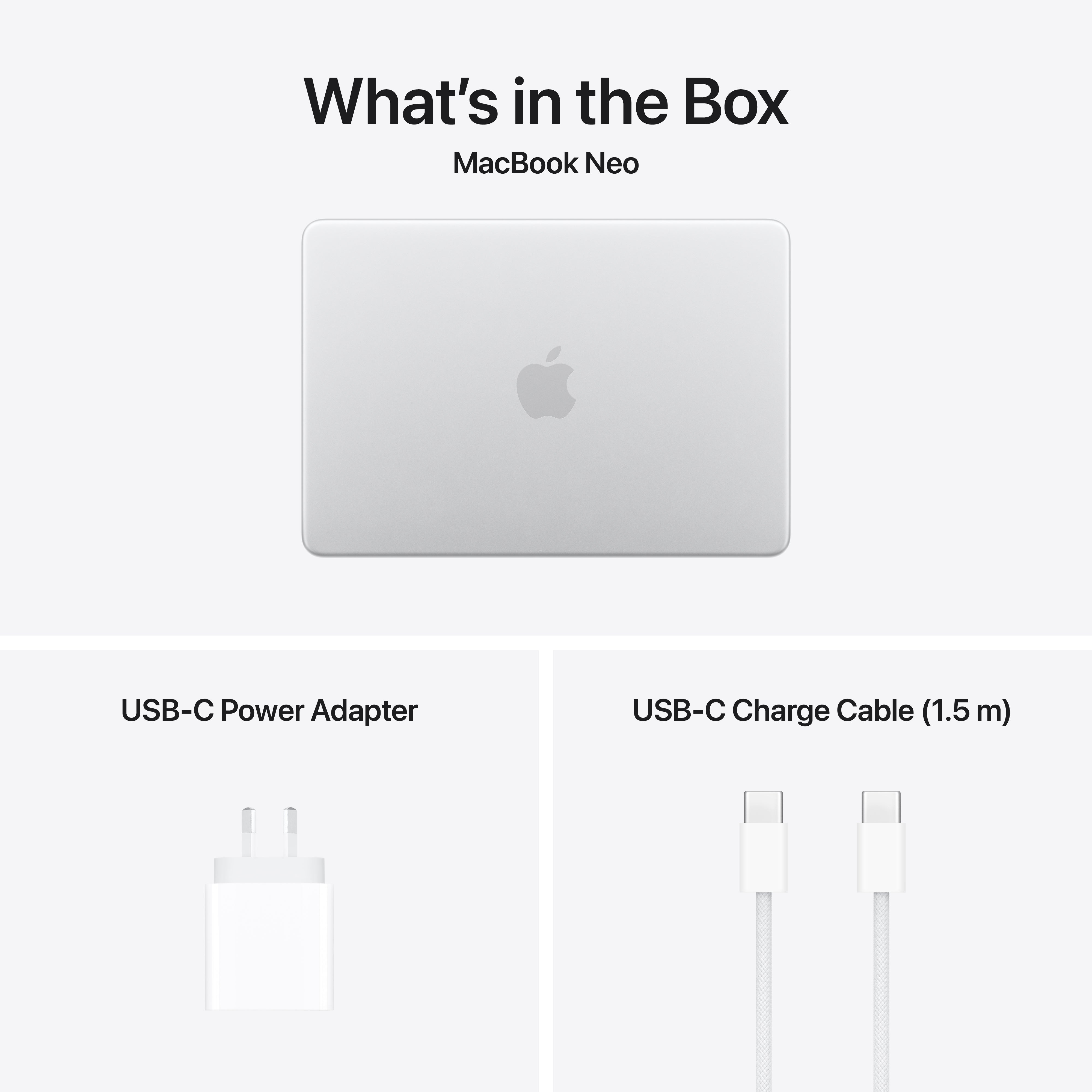 Image shows the Apple MacBook Neo box contents: a silver Apple MacBook Neo with A18 Pro chip, USB-C power adapter, and 1.5m USB-C charge cable.