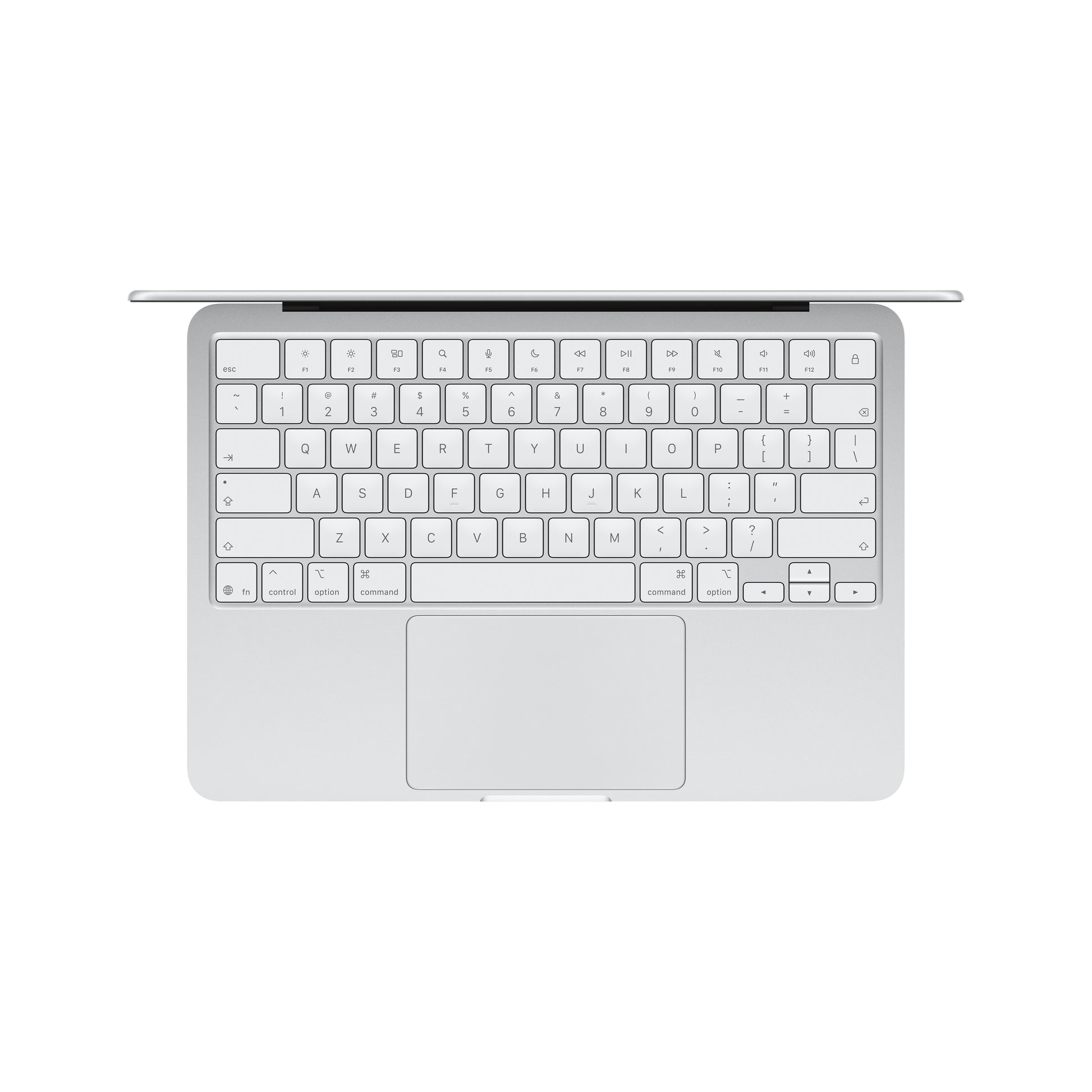 Top-down view of the Apple MacBook Neo featuring a white keyboard, spacious touchpad, and vivid Liquid Retina display, all centered on a plain white background.