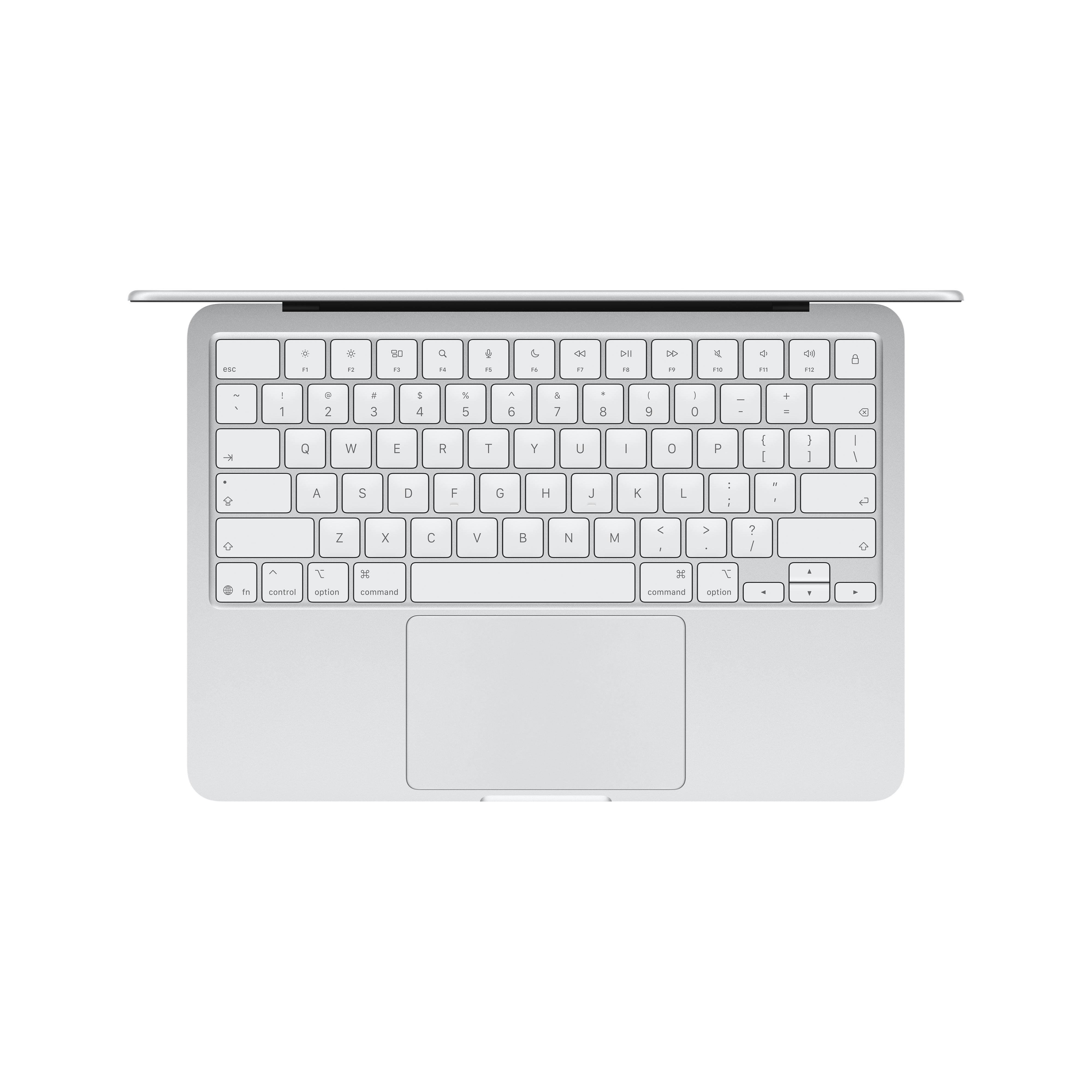Top-down view of the Apple MacBook Neo featuring a white keyboard, spacious touchpad, and vivid Liquid Retina display, all centered on a plain white background.