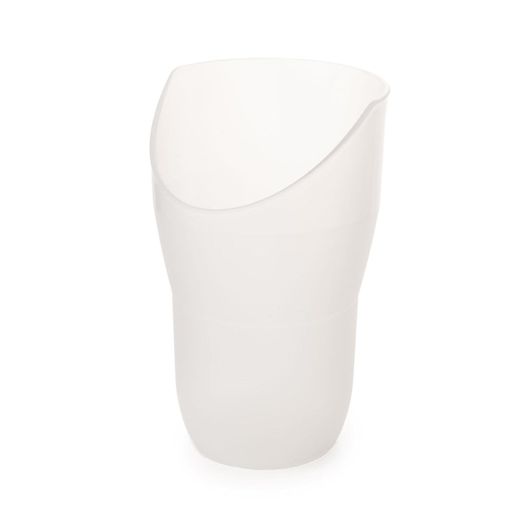 The Rika Nose Cup is a translucent white plastic drinking aid with a slanted rim and nose cut out, designed to assist people with limited neck mobility. Shown against a plain white background.